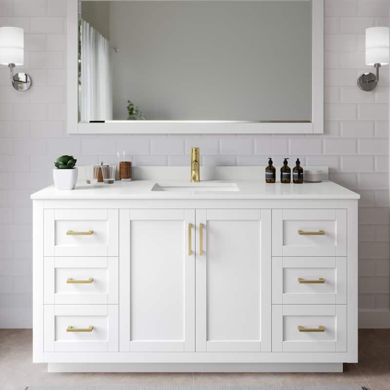 Wyndham Collection WCF292960S-QTZ-UNSMXX Miranda 60" Free Standing - White / White Quartz Top / Brushed Gold Hardware