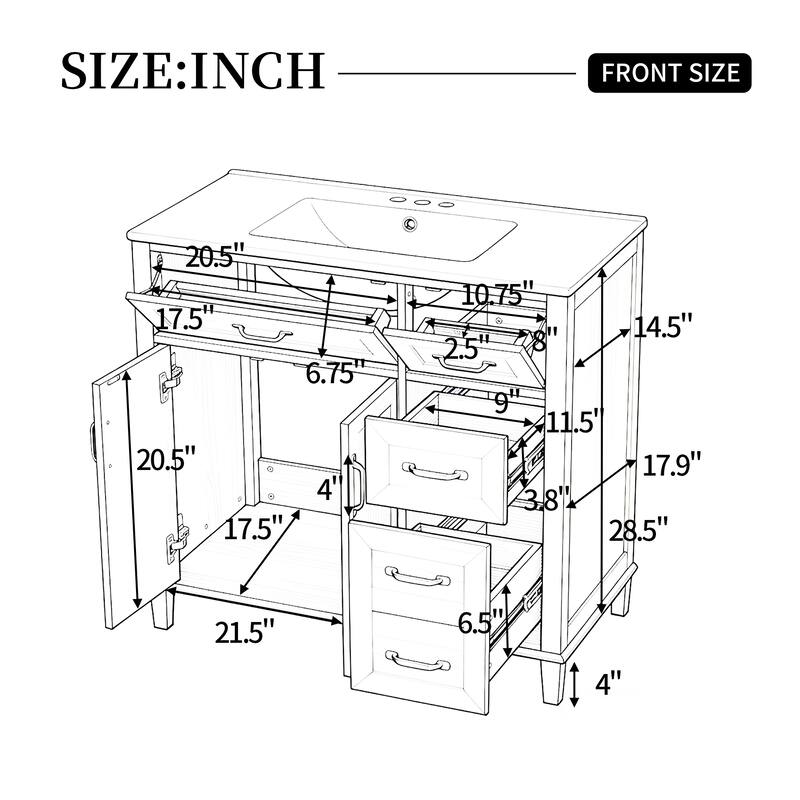 GDFStudio - Avalon Modern Freestanding Bathroom Vanity with Ceramic Sink & Soft Close Multi-Storages