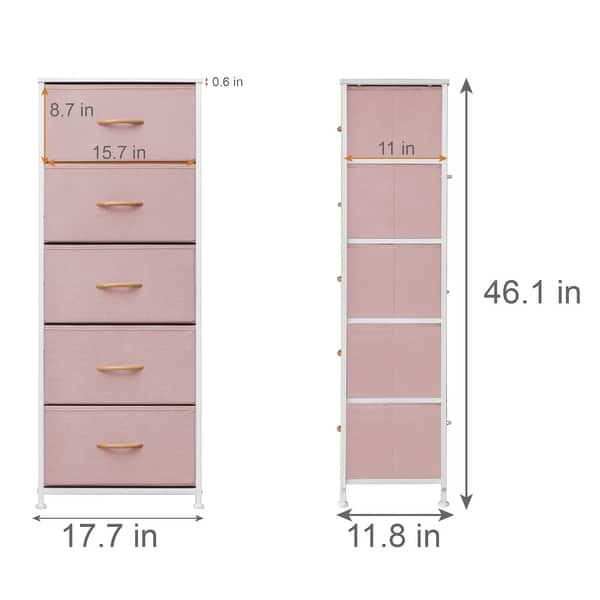 dimension image slide 10 of 12, Contemporary 5-drawer Chest Vertical Storage Tower- Fabric Dresser