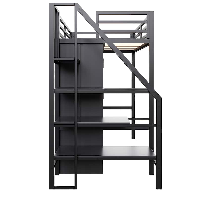 Full-Size Metal Loft Bed with Built-in Wardrobe, L-Shaped Desk, Charging Ports, and Multi-Layer Storage Shelves