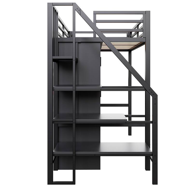 Twin Size Bed Frame Metal Loft Bed with Desk, Shelf, Built-in Wardrobe and Storage Staircase for Children, Boys and Girls