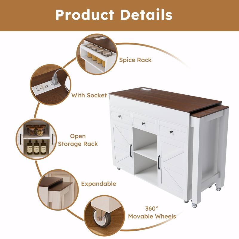 74.8" Kitchen Island with Extendable Dining Table & Power Outlet