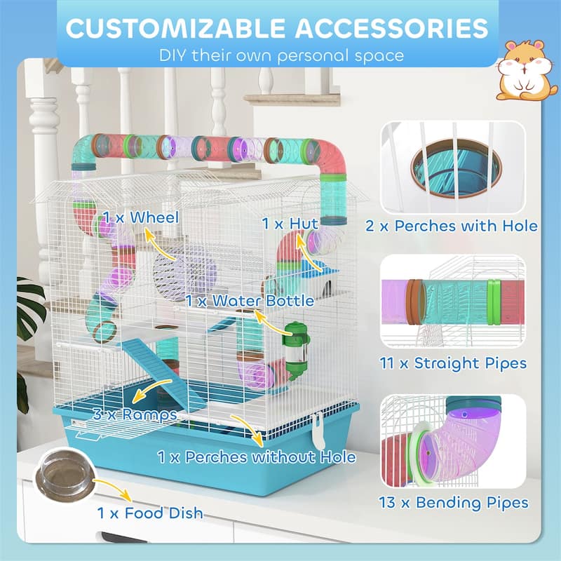 Small Pet Habitat Cage with Stand, Doors, Ramp & Shelf Storage - 22.8" L x 14.2" W x 25.6" H