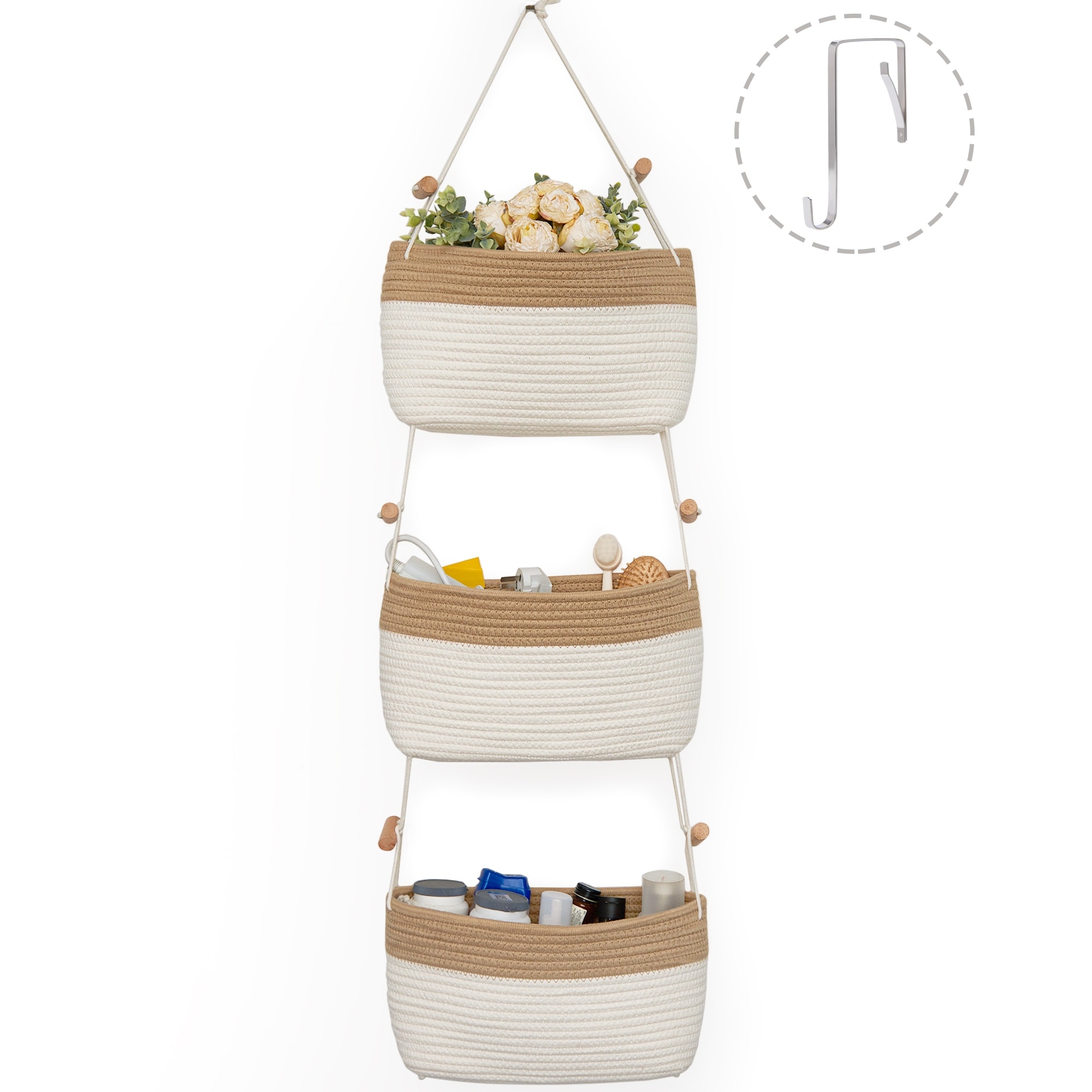 Over the Door 3-tier Basket Hanging Storage Basket Organizer