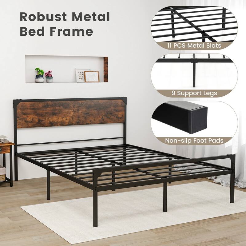 Costway Platform Full/Queen Bed with Rustic Headboard & Footboard