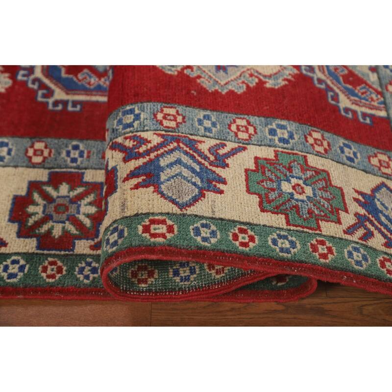 Red Geometric Kazak Area Rug Hand-Knotted Oriental Wool Carpet - 5'5" x 6'5"