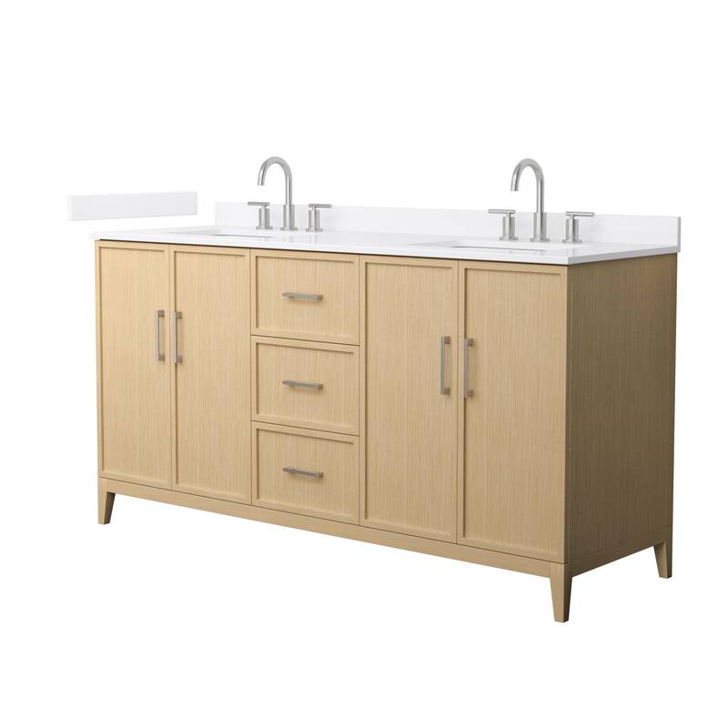 Elan 66-inch Double Vanity, 3 Hole Quartz Top - White Oak, Nickel Trim, White Quartz Top