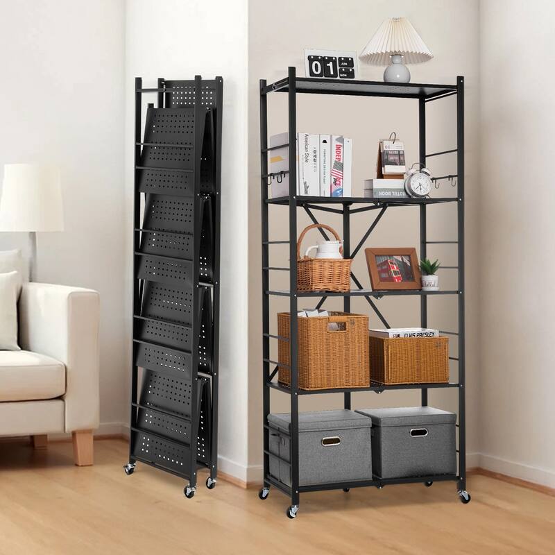 Black Carbon Steel Folding Garage Storage Shelf with Wheels and J-Hooks - 14 x 32 x 72 in