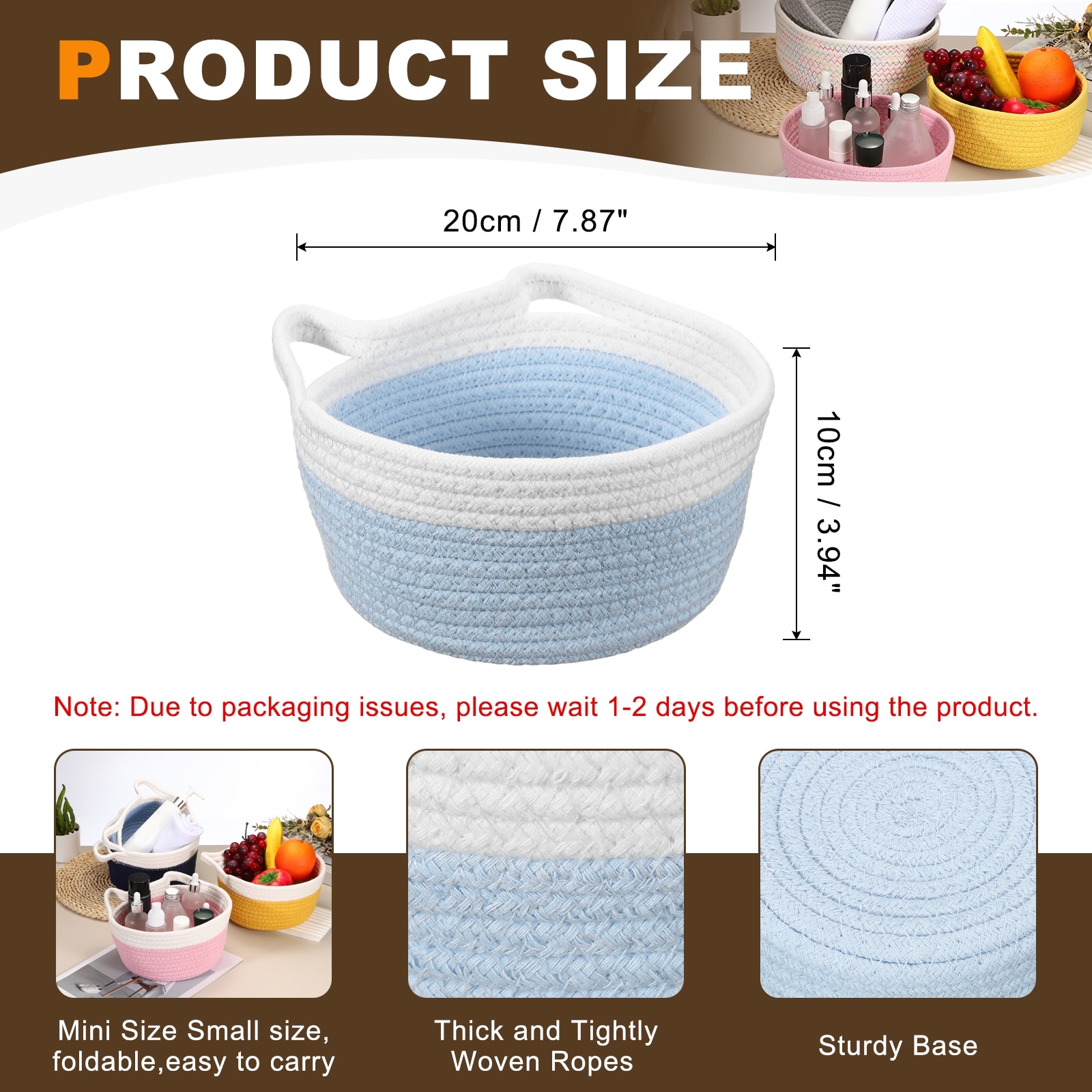 Small Cotton Rope Woven Storage Basket, Cat Ears Decorative Organizer