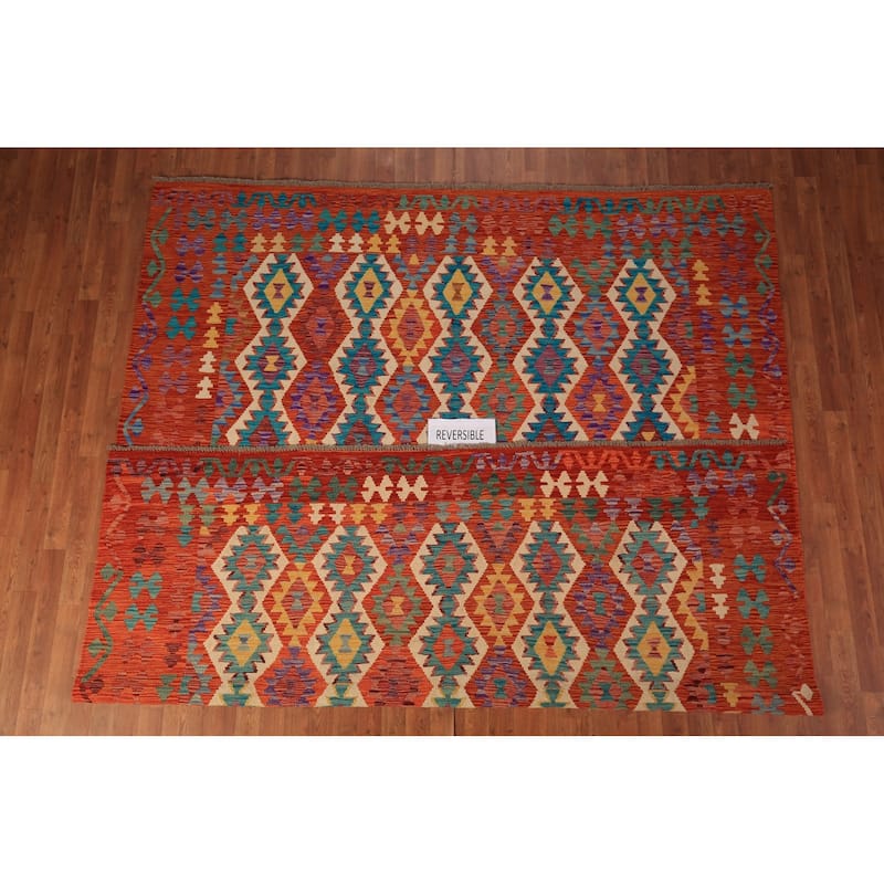 Geometric Kilim Oriental Area Rug Flatweave Reversible Wool Carpet - 8'4" x 9'10"