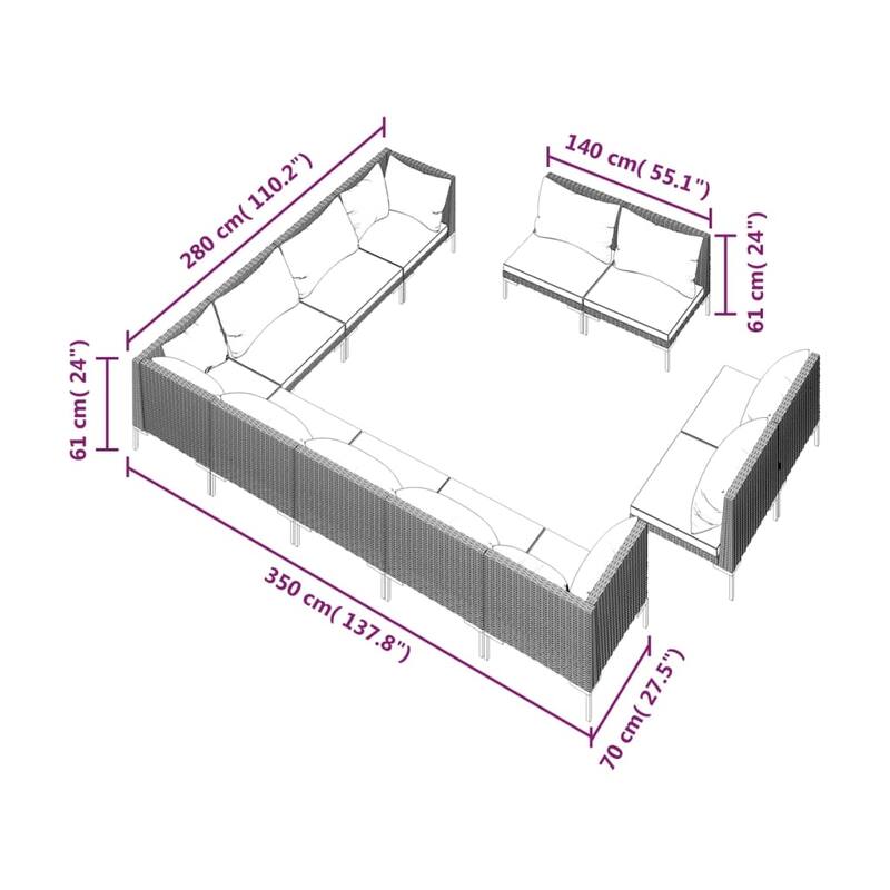 vidaXL Patio Lounge Set Outdoor Sectional Corner Sofa Poly Rattan Dark Grey - 27.6" x 27.6" x 24"
