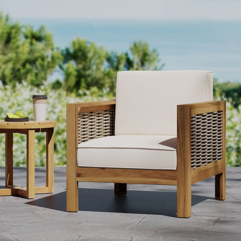 Roomfitters Outdoor Acacia Wood Club Chair with Wicker Accents and Cushions for Patio or Garden, Brown Beige