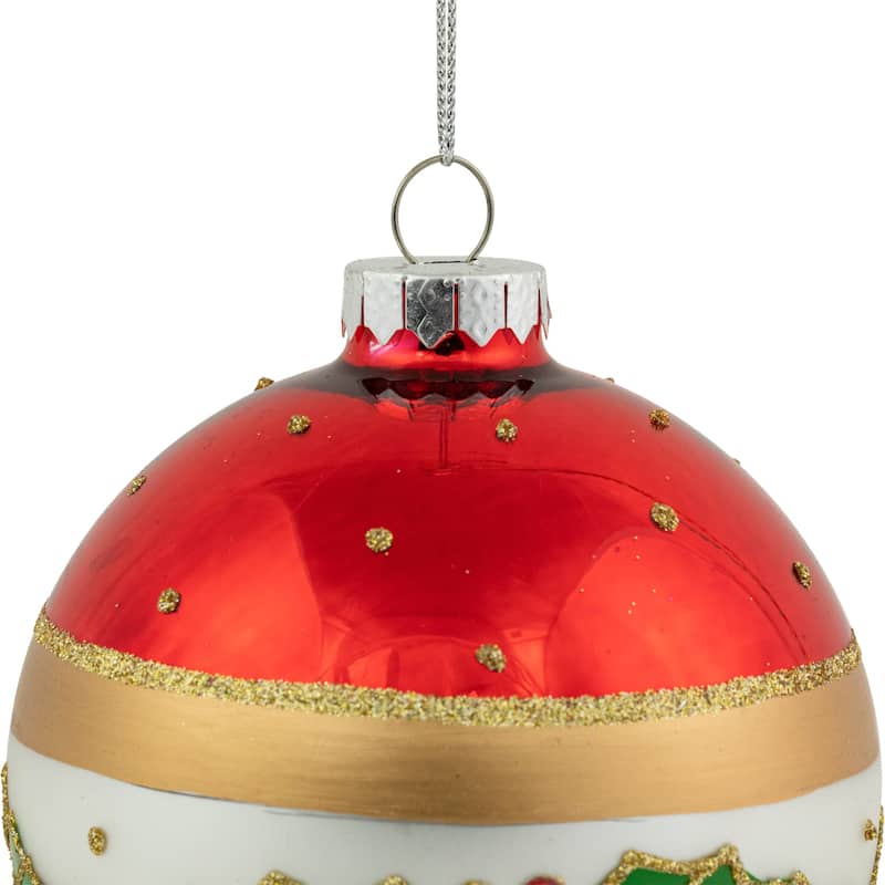Set of 2 Holly and Berries Glittered Christmas Glass Ball Ornaments 4"