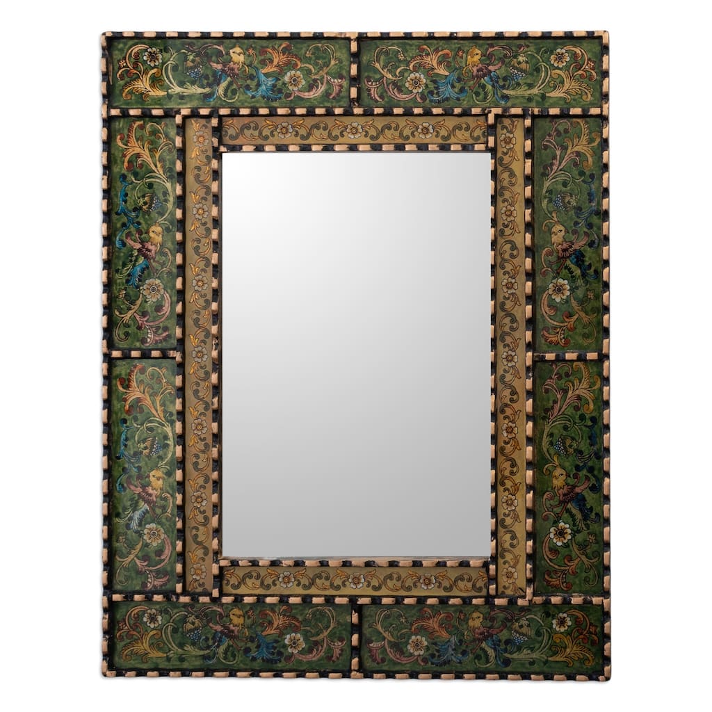 Novica Handmade Green Peruvian Elegance Reverse Painted Glass Wall Mirror