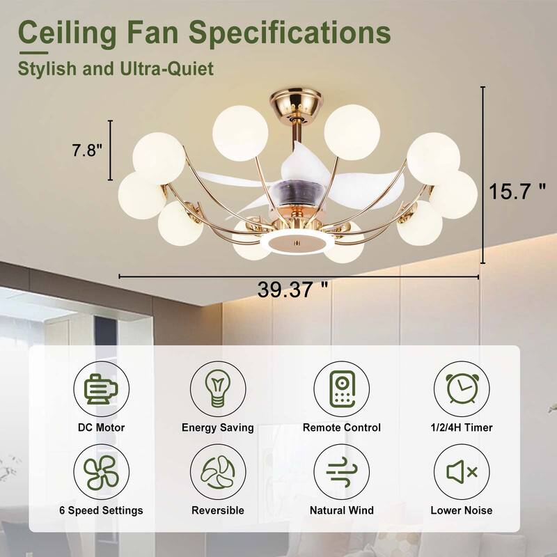Indoor Black Modern Ceiling Fan with Light, Reversible Fandelier with Bulbs and Remote for Living Room