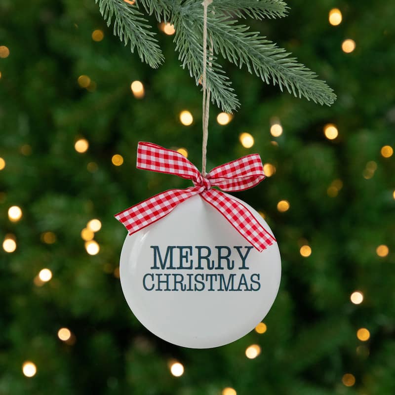 4.5" White and Red Merry Christmas Ornament with a Bow