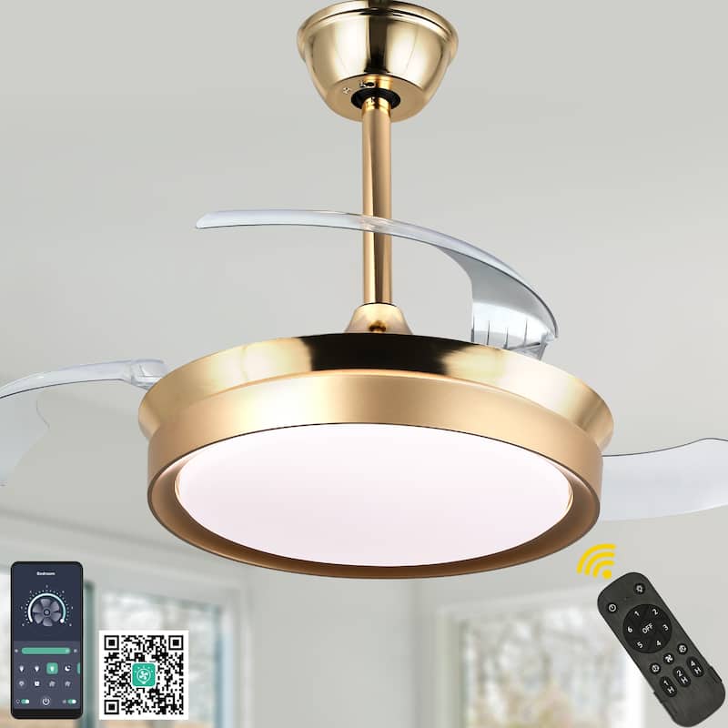 Bella Depot 36" Modern Retractable Ceiling Fan with Dimmable Led Light and Remote, 6-Speed Reversible DC Motor - 36 Inch - French Gold