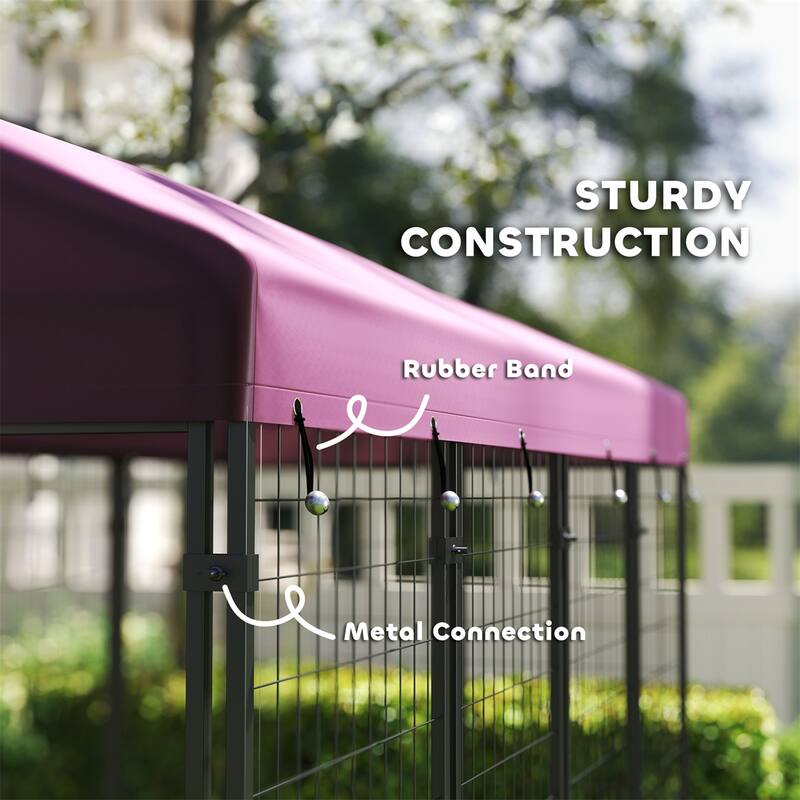 Red Steel and Oxford Cloth Dog Kennel Playpen with Roof, Gate and Bowls - 94.5" L x 48" W x 72" H