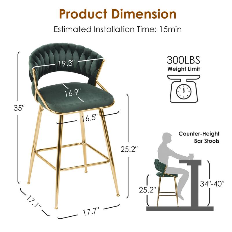 25.2" Modern Velvet Counter Stool with Gold Accents, Ergonomic Design & Plush Seat for Kitchen Island & Bar