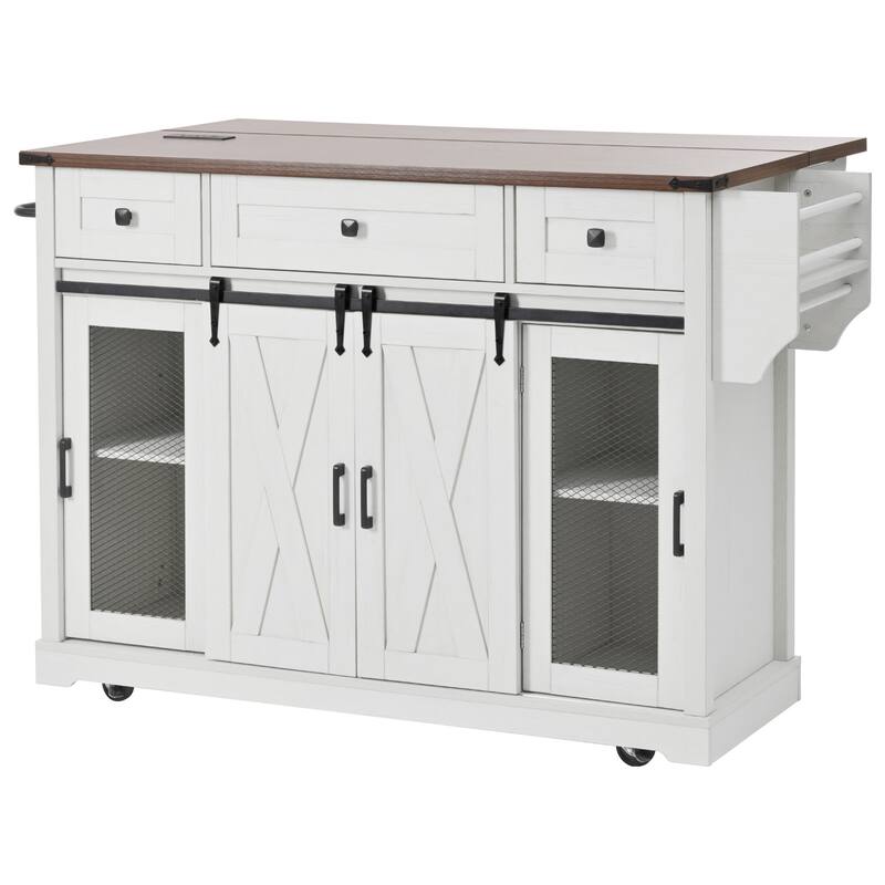 Rolling Kitchen Island Storage Table on 5 Wheels with Sliding Barn Door, Metal Grid Door, Spice Rack, Glass Holders, Drop Leaf