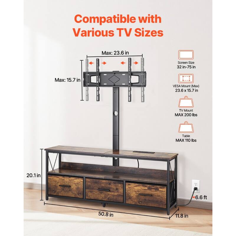 52" TV Stand with Mount for 75" TVs, Adjustable with Storage Drawers - 50.8 x 11.8 x 20.1 in