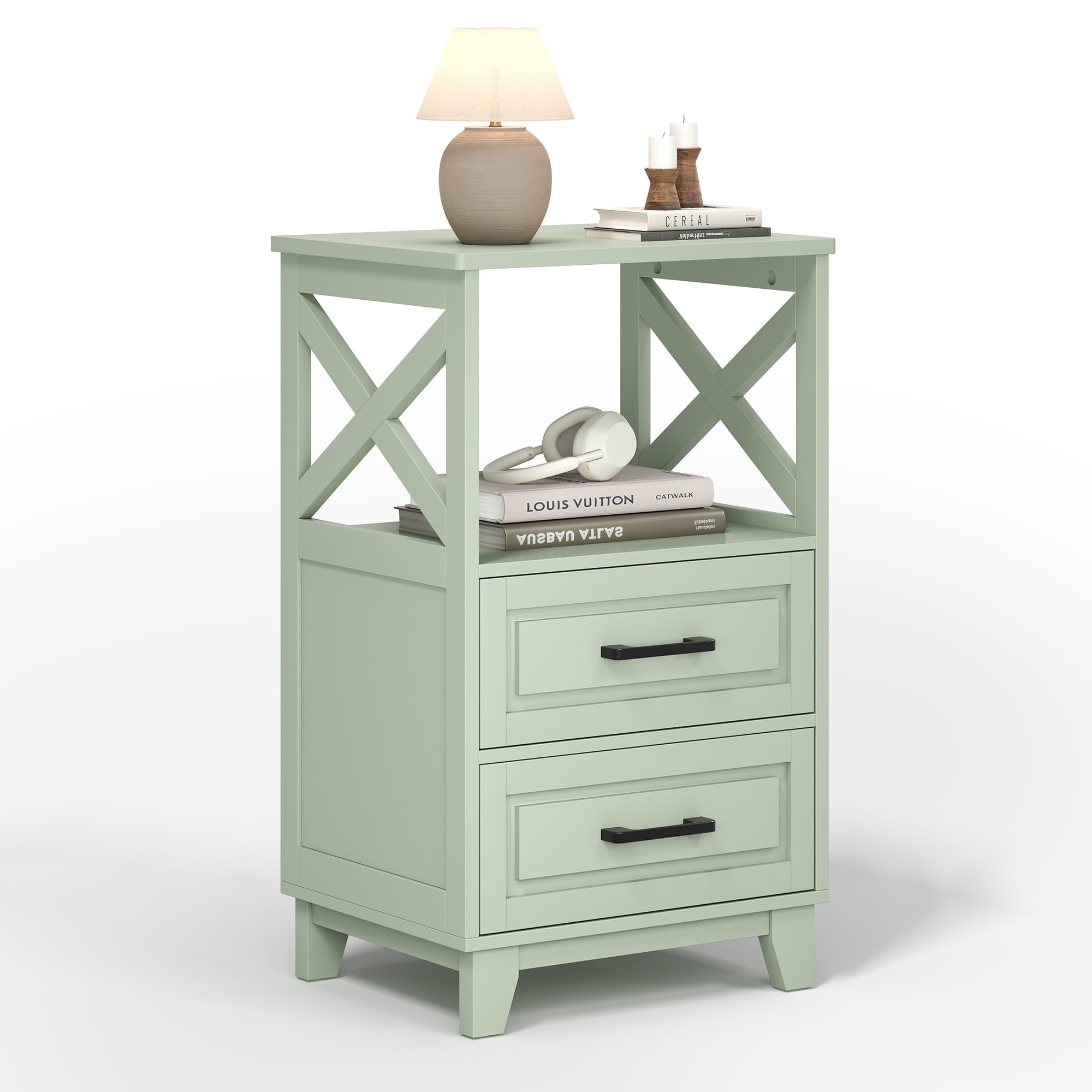 Tall Nightstand with 2 Drawers and Open Shelf Above