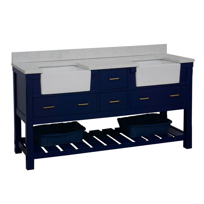 KitchenBathCollection Charlotte 72" Farmhouse Bathroom Vanity with Engineered Carrara Top - Royal Blue