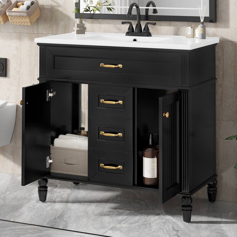GDF Studio - Sunny Modern Solid Wood + MDF 36-Inch Bathroom Vanity with Ceramic Sink and Flip-Out Drawer