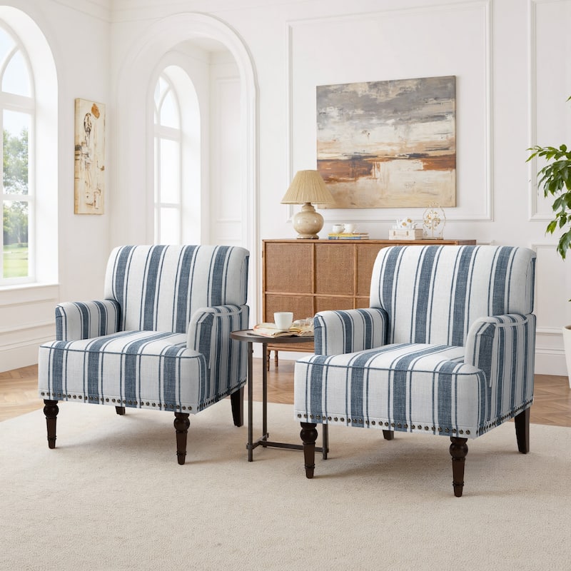 Set of 2 Stripe Linen Accent Arm Chairs with Nailhead Trim and Wood Legs