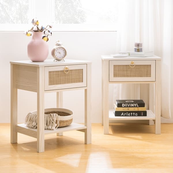 SICOTAS Farmhouse 1-Drawer Rattan Nightstand Set of 2 - White