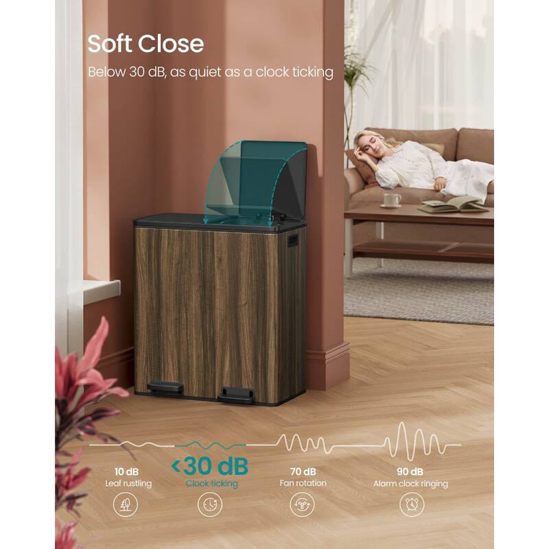 Stainless Steel Dual Compartment Trash Can with Soft-Close Lid Foot Pedal and Removable Inner Buckets