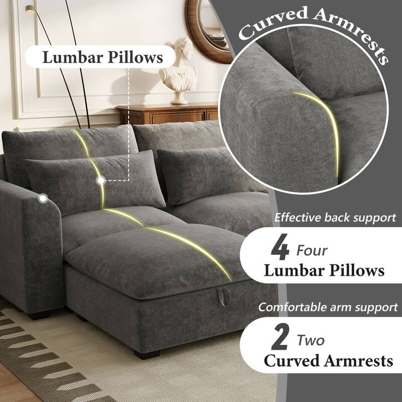 Modern U-shaped Modular Linen Blend Sectional Sofa with 2 Storage Ottomans and 4 lumbar pillows