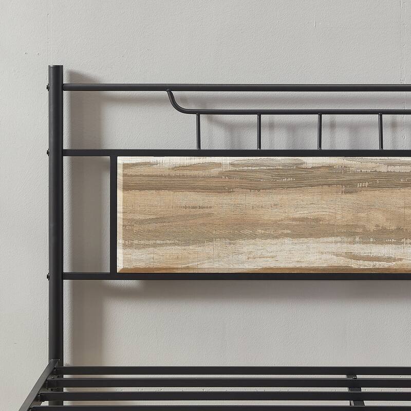VECELO Industrial Bed Frame with Wood Headboard,Twin/Full/Queen Size Bed, Black/Brown/Slate-3 colors