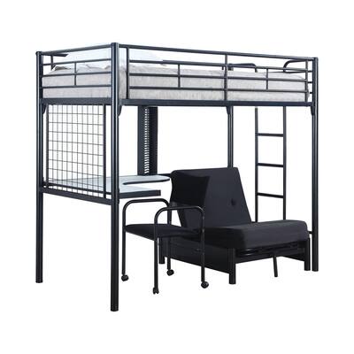 Twin Size Loft Bed with Workstation, Futon Frame, Desk Chair, Black Metal