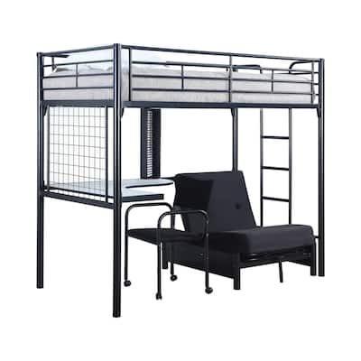 Twin Size Loft Bed with Workstation, Futon Frame, Desk Chair, Black Metal