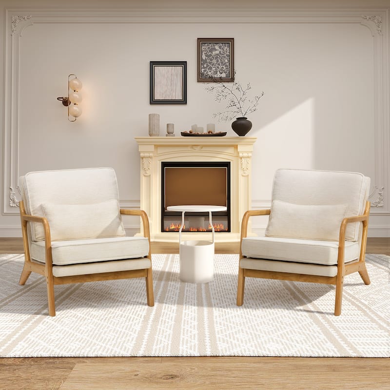 RENEWLINE Mid Century Modern Accent Chair with Lumbar Pillow - 2 - Beige