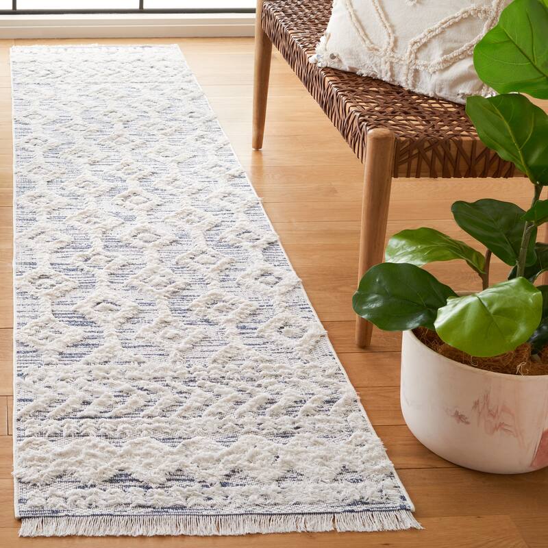 SAFAVIEH Augustine Vaili Moroccan Boho Fringe Rug - 2' x 9' Runner - Ivory/Blue