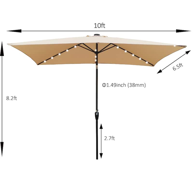 10 x 6.5t Rectangular Patio Solar LED Lighted Outdoor Market Umbrellas with Crank and Push Button Tilt for Garden Shade