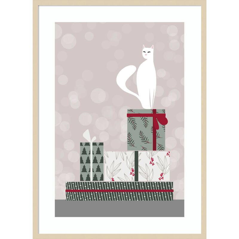 Retro cat and gifts by Rosana Laiz Blursbyai Wood Framed Wall Art Print