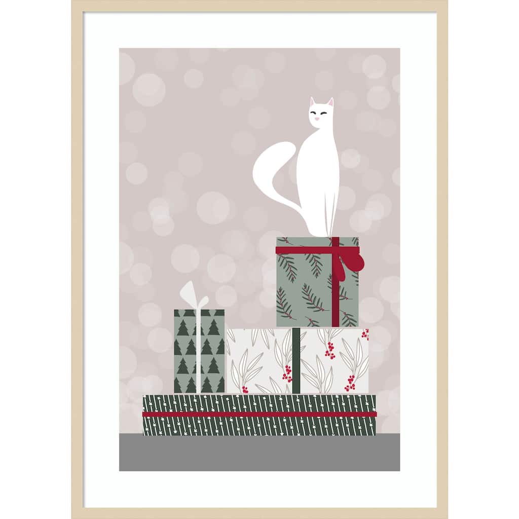 Retro cat and gifts by Rosana Laiz Blursbyai Wood Framed Wall Art Print
