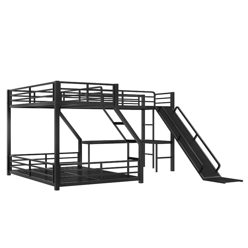 Roomfitters L-Shaped Twin over Queen/Full Metal Triple Bunk Bed with Twin Loft, Slide & USB Ports, Space-Saving Noise-Free Frame
