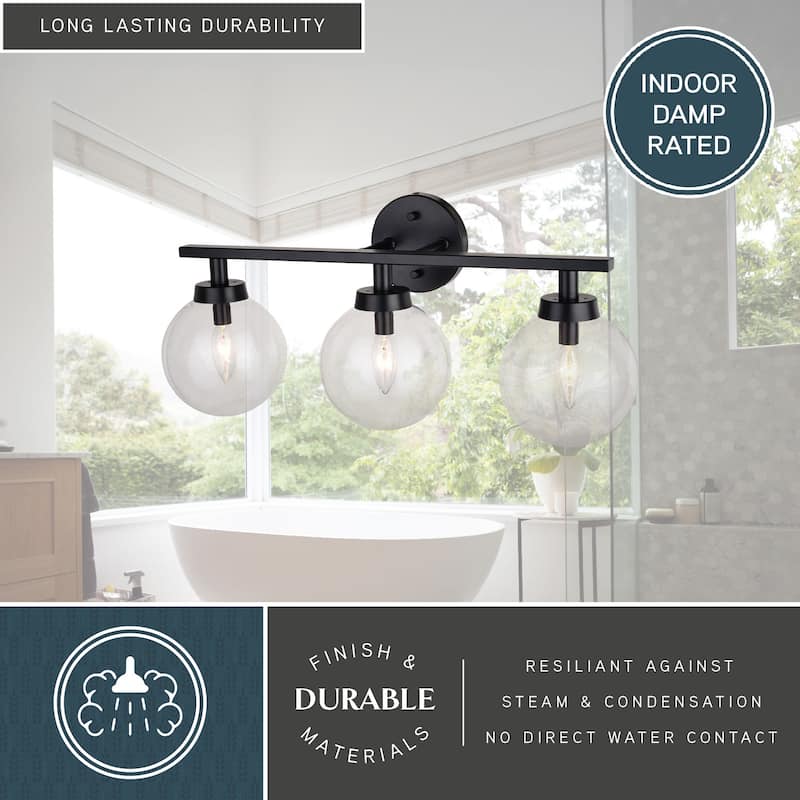 Lander Matte Black Bathroom Vanity Wall Fixture with Clear Glass Globes