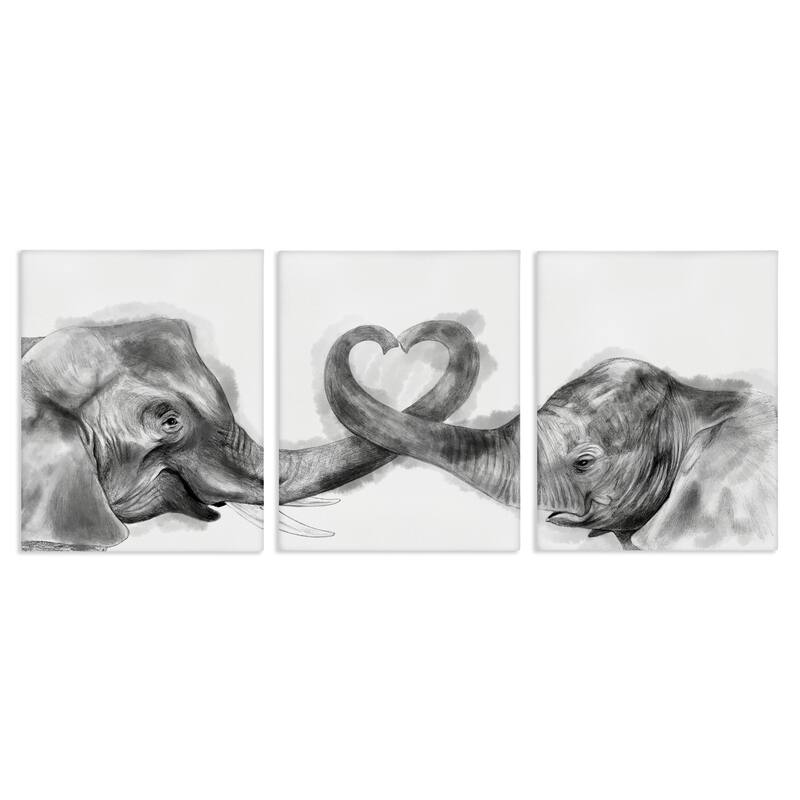 Stupell Elephant Trunk Heart Jungle Animal Illustration, 3pc Multi Piece Canvas Wall Art Set