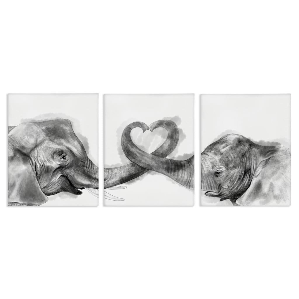 Stupell Elephant Trunk Heart Jungle Animal Illustration, 3pc Multi Piece Canvas Wall Art Set