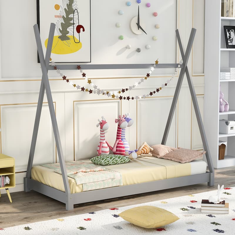Gray Twin Size House Platform Bed with Sturdy Triangle Structure for Kids - Gray