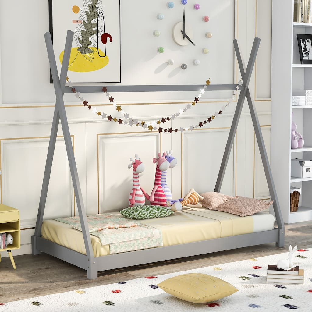 Kids Twin House Bed with X-Shaped Safety Railings, Triangle Structure for Stability, Low Platform Design, Solid Wood