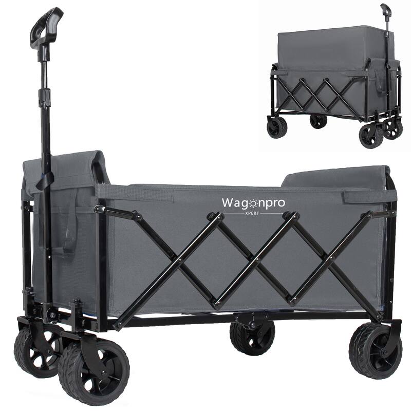 Upgraded 5*2"Wide Wheels-Expandable Dual-Layer Utility Wagon with 100% Extra Space, 220lbs Capacity Grocery Cart for Camping - Grey