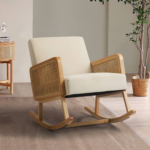 Hertson Mid-Century Modern Wooden Rocking Chair with Rattan Armrests, Polyester and Velvet Upholstery and Rebounced Foam Padding