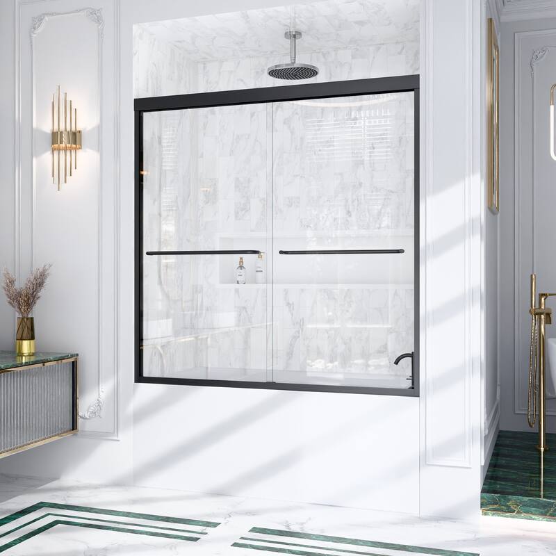 GDFStudio - Modern Minimalist Semi-Frameless Double Sliding Shower Door with 1/4" SGCC Tempered Glass & Stainless Steel Handle