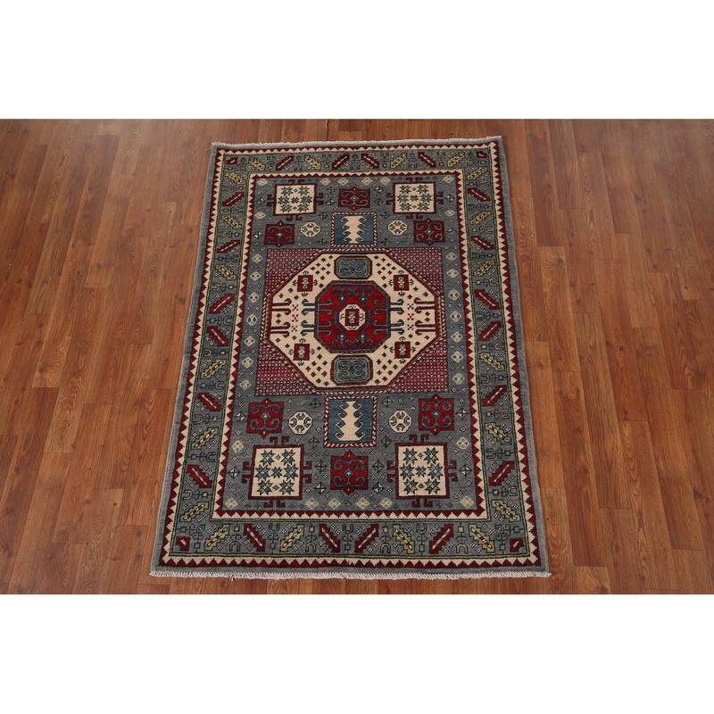 Geometric Kazak Accent Rug Hand-Knotted Wool Carpet - 3'4" x 4'10"